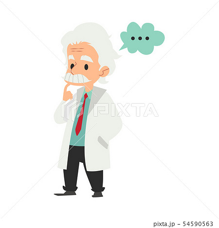 Old male scientist stands with thinking gesture and thought bubble cartoon style 54590563