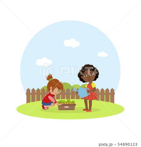 Cute Kids Working in Garden, Girl with Watering Can Watering Carrots Vector Illustration 54890123