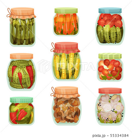 Set of pickles in jars. Vector illustration on white background. 55334384