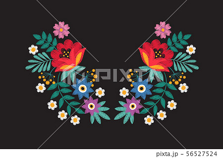 Collar embroidery floral design with wildflowers. Stitching detail tribal necklace with flowers 56527524