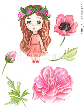 Illustration of watercolor painting of dolls of princesses in floral motifs on an isolated 57200327