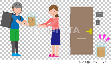 Illustration of a man delivering a food to a female customer 65111749