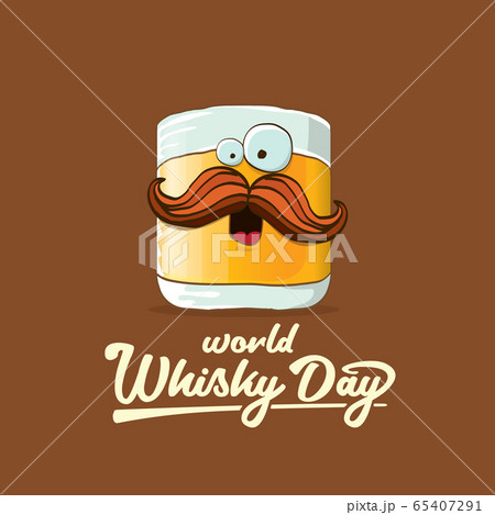 World Whisky Day banner with vector funny cartoon smiling whiskey glass character isolated on brown backgound. whiskey day vector concept illustration. funky hipster alcohol character label 65407291