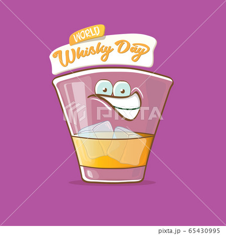 World Whisky Day banner with vector funny cartoon smiling whiskey glass character isolated on violet backgound. whiskey day vector concept illustration. funky hipster alcohol character label 65430995