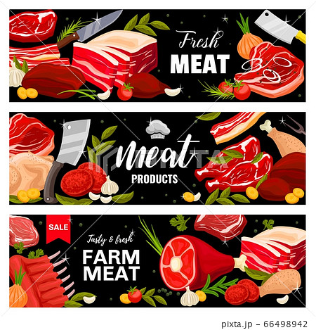 Meat food of butcher shop banners with beef, pork 66498942