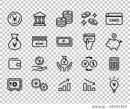 お金、金融、経済のアイコンのセット／ビジネス／通貨／貨幣／紙幣／銀行／日本円／貯金／現金 69391420