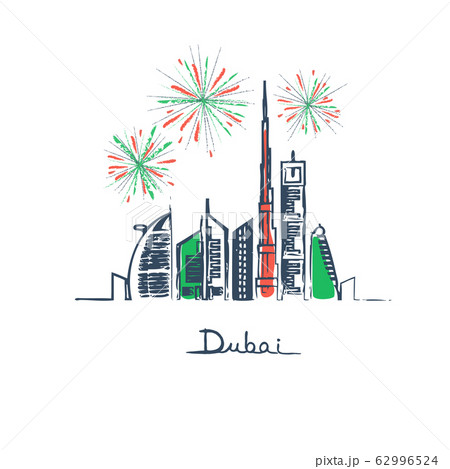 Fireworks in Dubai city flag colors 62996524