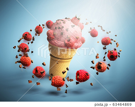 ice cream with raspberries and chocolate crumbs in 63464869