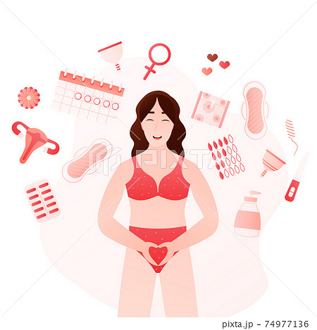 Woman standing on white background in underwear and menstrual elements around, feminine hygiene, period 74977136