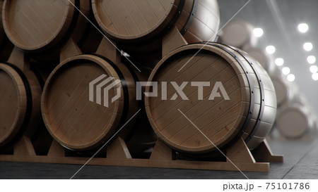 Barrels of wine, whiskey, bourbon liqueur or cognac in the basement. Aging of alcohol in oak barrels in warehouse. Wine, beer, whiskey casks stacked in a cellar, 3D illustration 75101786