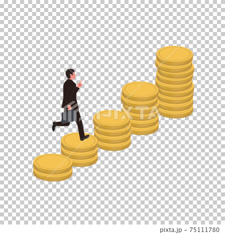 Business image Illustration of a businessman running up with coins Isometric 75111780