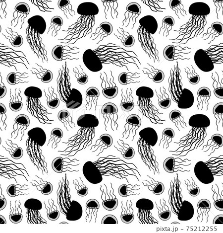 White black Seamless endless repeat silhouette pattern of outline vector doodle cartoon jellyfish. Sea or ocean jelly has long tentacles. Animals are isolated on white background. 75212255