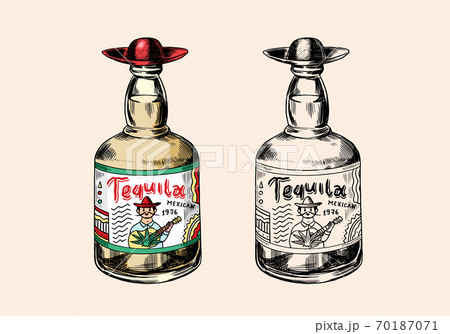 Glass Bottle with strong drink. Vintage Mexican tequila badge. Alcoholic Label for poster banner 70187071