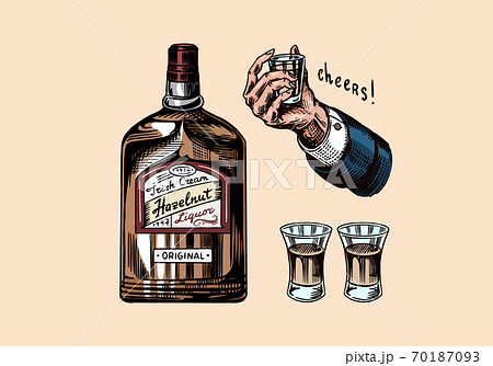 Glass Bottle of liquor. Hand with a shot. Toast cheers. Strong drink. American badge. Alcoholic 70187093