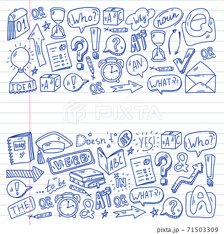 Doodle vector pattern. Illustration of learning English language. E-learning, online education in internet. 71503309