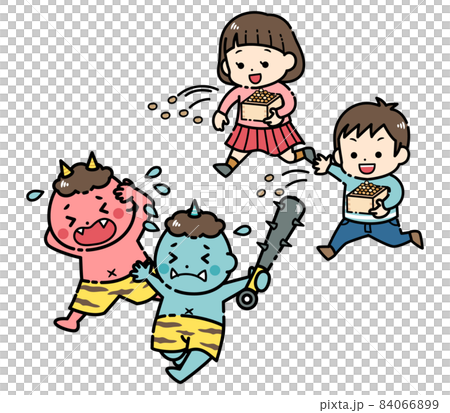 Illustration of a child sowing beans for Setsubun and a demon running away 84066899