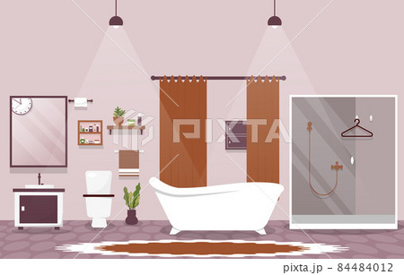 Clean Bathroom Interior Design Closet Bathtub Furniture Flat Illustration 84484012