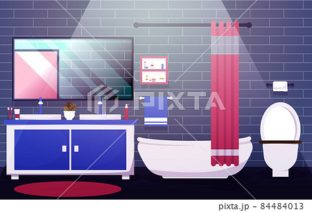 Clean Bathroom Interior Design Closet Bathtub Furniture Flat Illustration 84484013