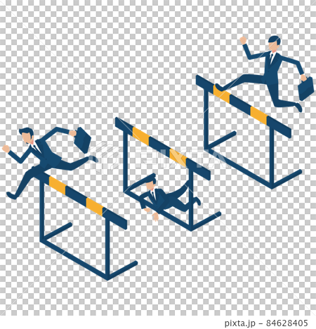 Isometric illustrations of businessmen who challenge difficulties and hurdles and jump over 84628405