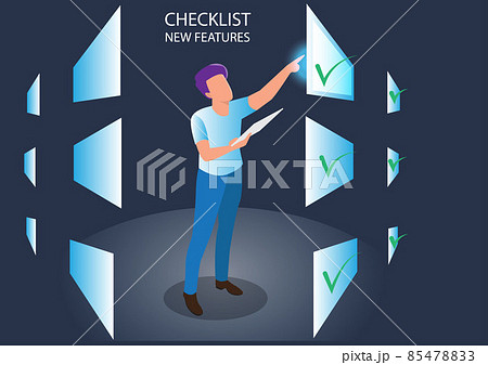 man with marker Draw a green tick mark in the empty space. checklist new feature necessary for online trading. flat style vector illustration 85478833