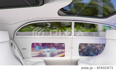 View of the empty interior of the car. Car on autopilot. Modern unmanned vehicle. 3d illustration 85692873