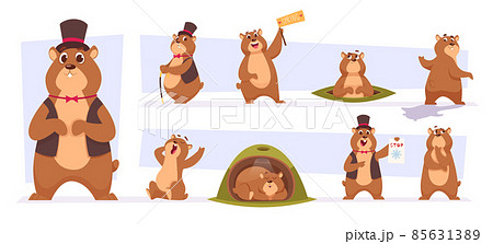 Groundhogs. Cute wild animals day of time loop groundhogs illustrations in cartoon style exact vector pictures set 85631389