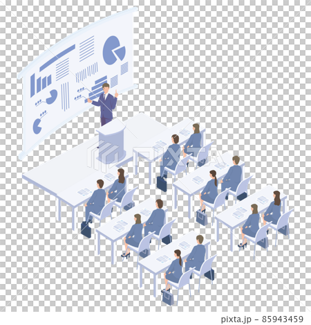 Isometric illustrations of working adults who take their seats and receive training 85943459