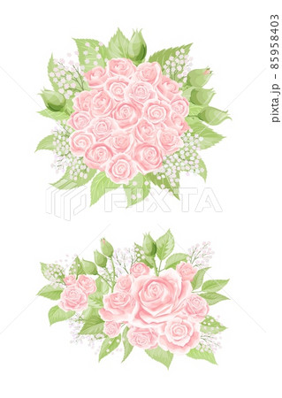 Cream pink rose flower bouquets with green leaves isolated on white background 85958403