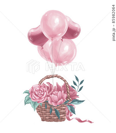 Watercolor holiday illustration of floral basket with flower bouquet, ribbon and fly air balloons isolated. For Valentine day card, invitation, print, sublimation design. 85982064