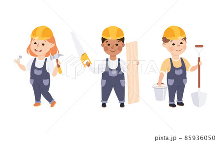 Smiling Girl and Boy Builder in Hard Hat and Overall Holding Saw with Timber and Nail with Hammer Vector Set 85936050