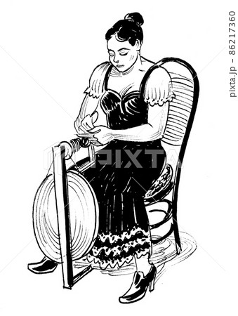 Woman working with the loom. Ink black and white drawing 86217360