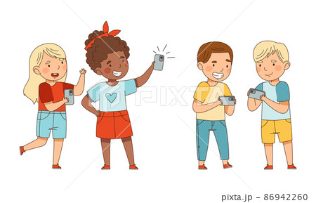 Little Boy and Girl with Smartphone Playing Game and Watching Video Vector Illustration Set 86942260