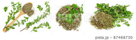 Oregano or marjoram leaves fresh and dry isolated on white background. Top view. Flat lay. Set or collection 87468730