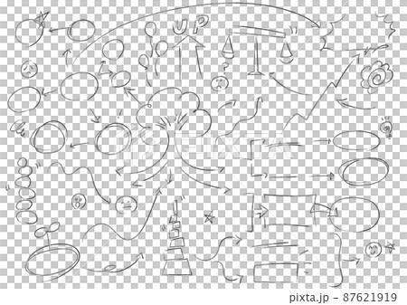 矢印、丸、星、顔文字、木で構成された脳内イメージを鉛筆で書き出したもの（マインドマップ）のベクター素 87621919