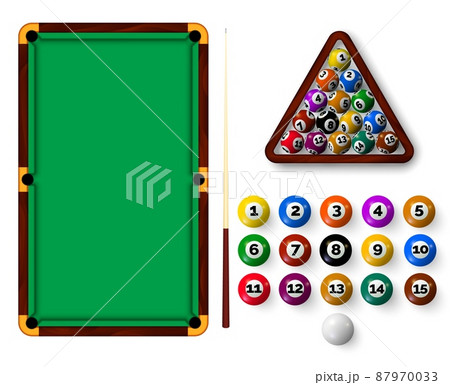 Billiard table with pockets, balls, triangle rack and cue. Realistic snooker sport equipment, green pool table top view and ball vector set 87970033