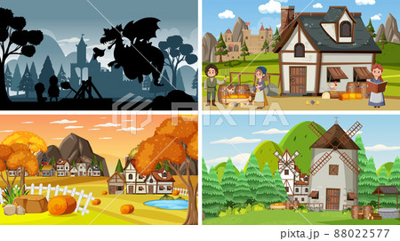 Set of different scene medieval with silhouette 88022577