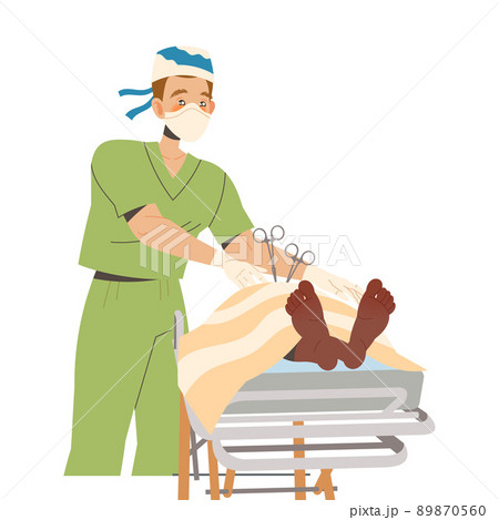 Young Man Doctor in Mask with Scissors Standing Above Patient at Surgery Table as Medical Staff Working in Clinic Vector Illustration 89870560