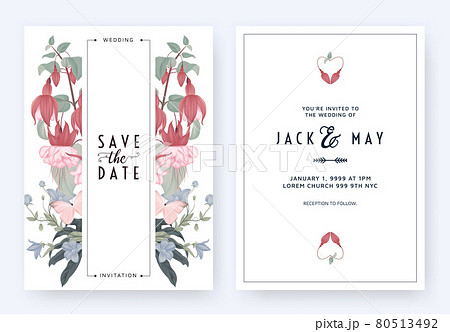 Floral wedding invitation card template design, Fuchsia icy pink and balloon flowers with leaves 80513492