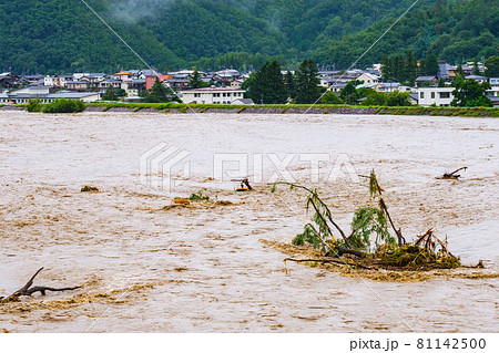 大雨で増水した川 81142500