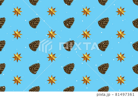 Holiday New Year and Merry Christmas Seamless Pattern Background with pine cone and golden star. Vector Illustratio 81497361