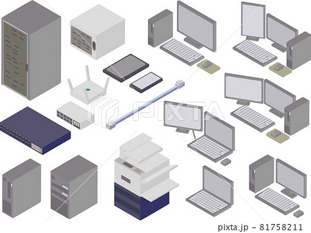 アイソメトリックな色々なパソコンと色々な周辺機器のセット 81758211