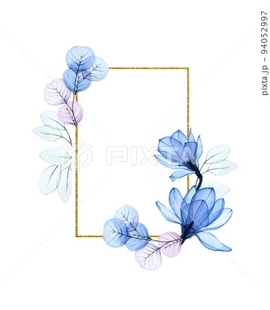 golden frame, border with watercolor transparent magnolia flowers and eucalyptus leaves. abstract transparent flowers and leaves of blue and pink eucalyptus. clip-art for weddings, cards 94052997