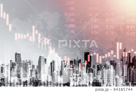 Economic crisis concept graphs falling down with modernistic urban, city area. 94385744