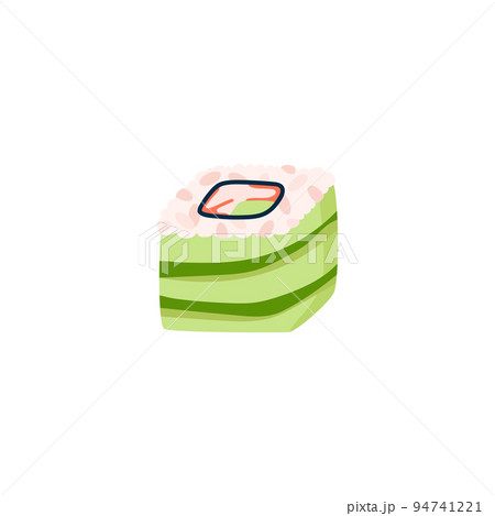 Sushi uramaki roll one piece rolled in cucumber flat vector illustration isolated. 94741221