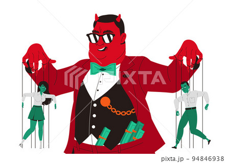 Manipulation of People with Fat Red Man Puppeteer Pulling Strings of Zombified Marionette Vector Illustration 94846938