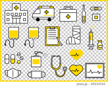 Illustration icon set (yellow) such as hospital, medical equipment, medicine 95014542