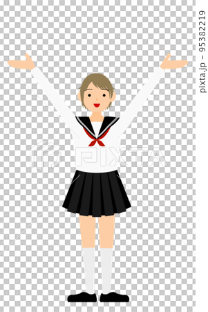 A girl student wearing a white sailor suit poses to raise her open arms 95382219