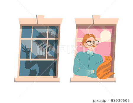 Man and Woman in Open Window Peeking Out Vector Set 95639605