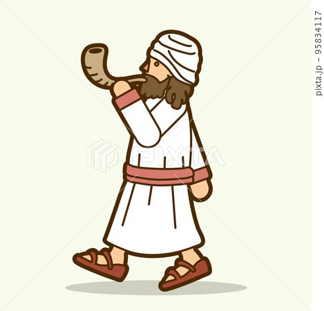 Jewish Blowing the Shofar Sheep Horn Cartoon Graphic Vector 95834117