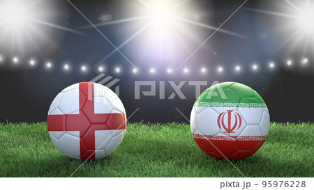 Two soccer balls in flags colors on stadium blurred background. England vs Iran. 3d image 95976228